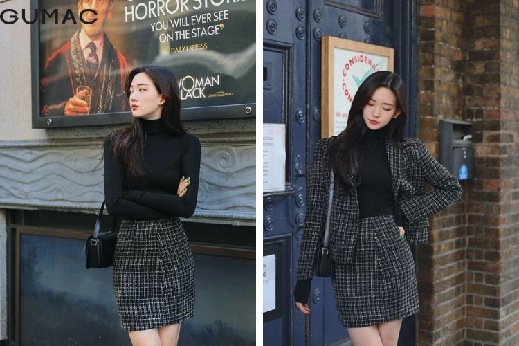 Chân váy bút chì kết hợp cùng áo len cao cổ